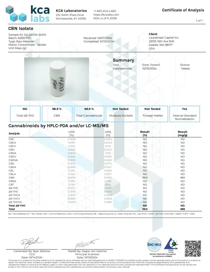 CBN アイソレート 100g 成分分析済 CBNアイソレート原料｜高純度・100%天然由来・食品通関｜Laurel Crest